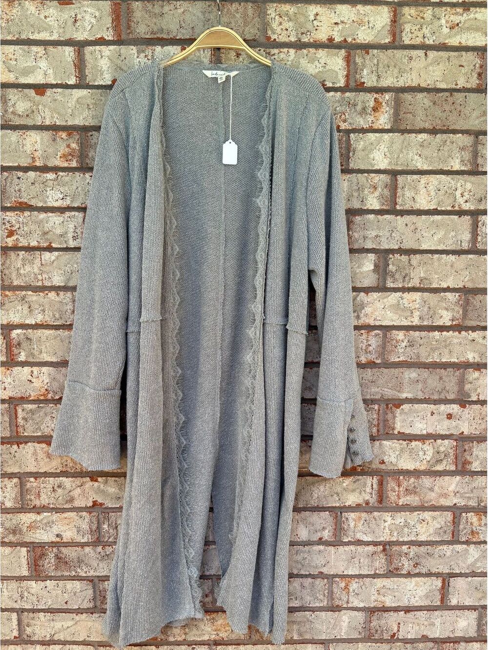 NWT Linda Anderson Gray Lace trim Long Knit Duster Cardigan Sweater XL